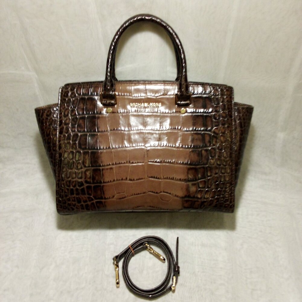 MICHAEL Michael Kors Selma Brown Crocodile Embossed Crossbody, Like New